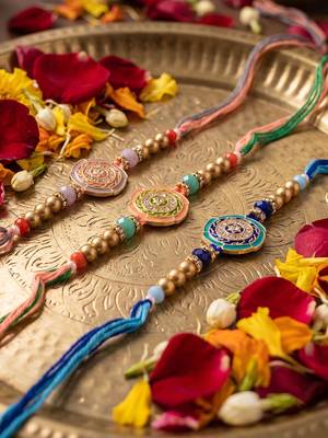 set of 3 floral design multicolor artificial beads thread rakhi with roli chawal 2