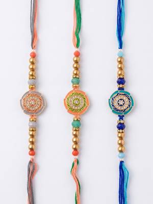 set of 3 floral design multicolor artificial beads thread rakhi with roli chawal 4