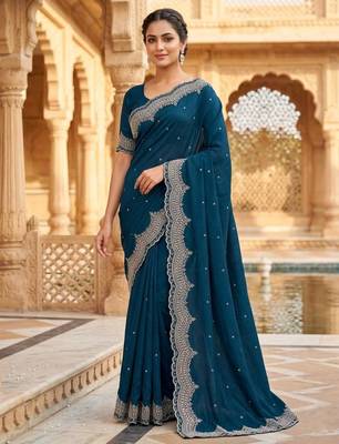 teal georgette embroidered saree with thread work 1