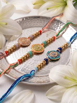 set of 3 floral design multicolor artificial beads thread rakhi with roli chawal 5