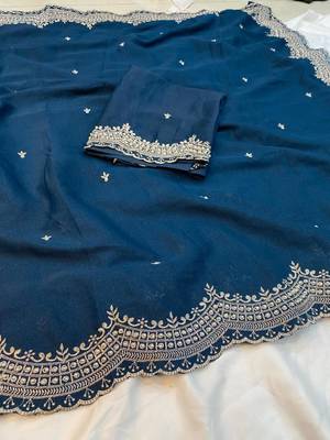 teal georgette embroidered saree with thread work 2