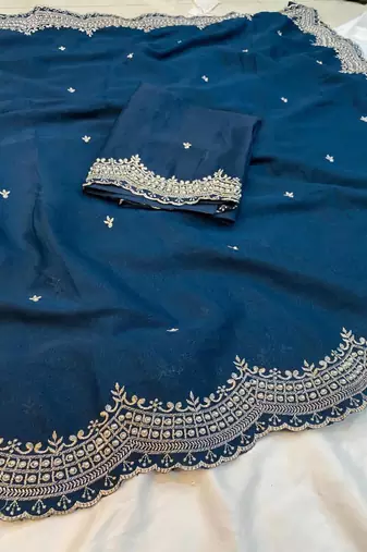 teal georgette embroidered saree with thread work