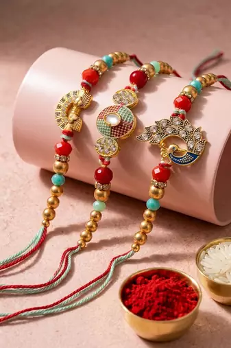set of 3 artificial stones & beads decorative thread rakhi with roli chawal chandan