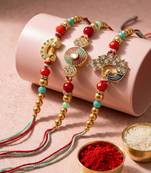 set of 3 artificial stones & beads decorative thread rakhi with roli chawal chandan