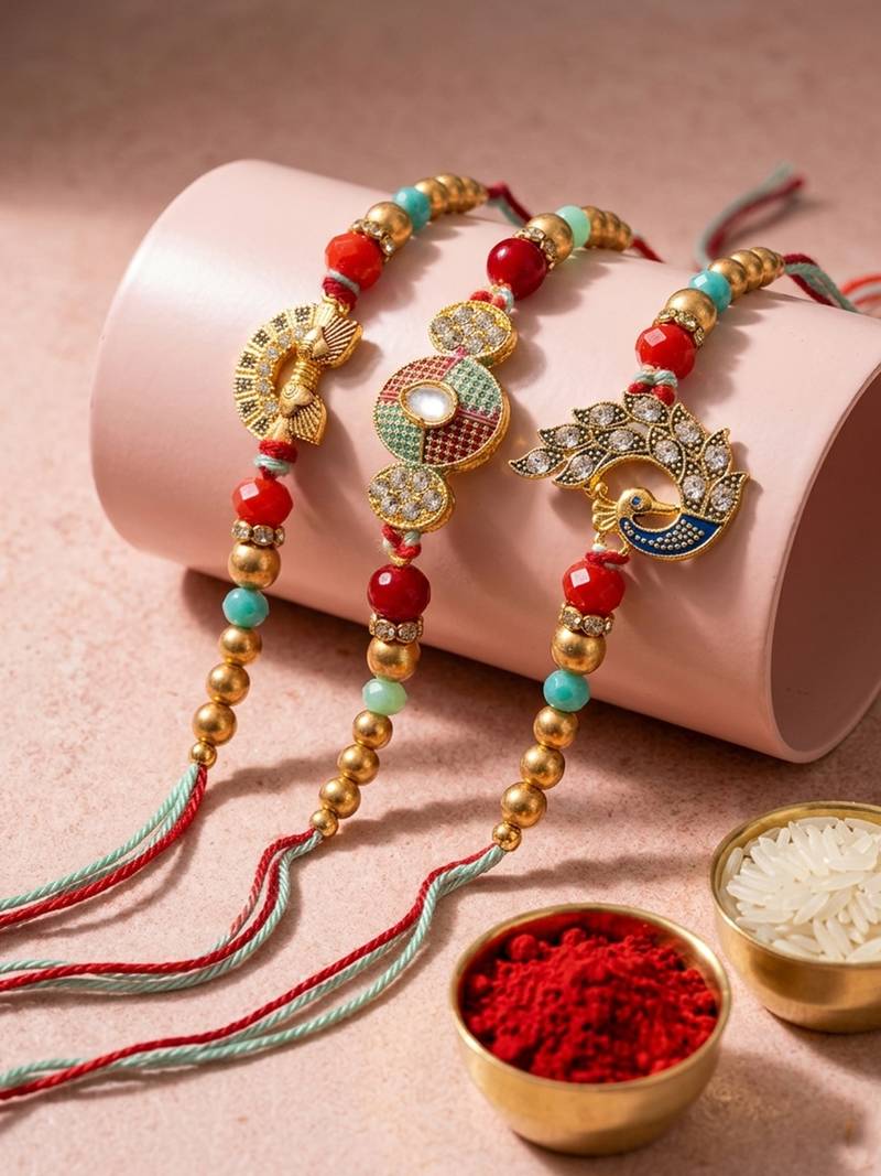 set of 3 artificial stones & beads decorative thread rakhi with roli chawal chandan