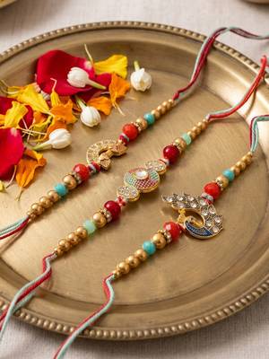 set of 3 artificial stones & beads decorative thread rakhi with roli chawal chandan 2