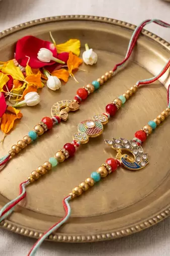 set of 3 artificial stones & beads decorative thread rakhi with roli chawal chandan