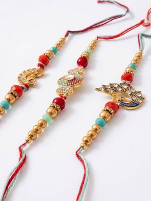 set of 3 artificial stones & beads decorative thread rakhi with roli chawal chandan 3