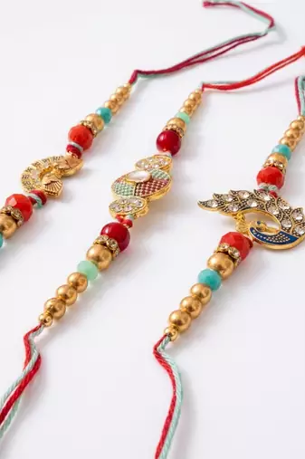 set of 3 artificial stones & beads decorative thread rakhi with roli chawal chandan