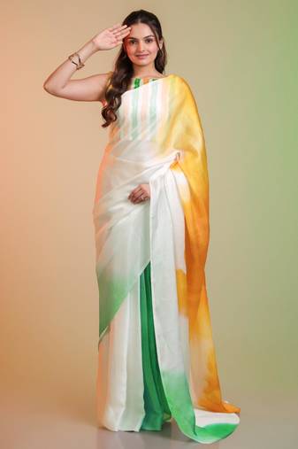 TRICOLOR silk blend printed saree with abstract print