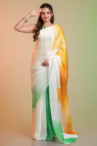 TRICOLOR silk blend printed saree with abstract print
