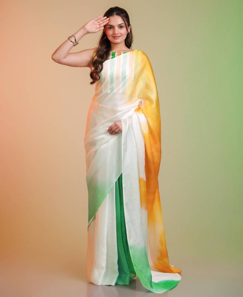 TRICOLOR silk blend printed saree with abstract print