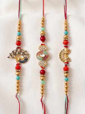 set of 3 artificial stones & beads decorative thread rakhi with roli chawal chandan 4