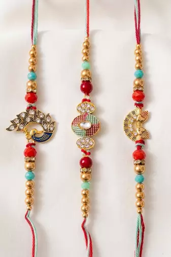 set of 3 artificial stones & beads decorative thread rakhi with roli chawal chandan