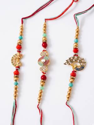 set of 3 artificial stones & beads decorative thread rakhi with roli chawal chandan 5