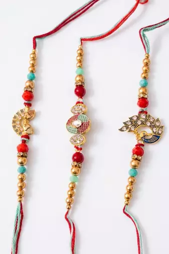 set of 3 artificial stones & beads decorative thread rakhi with roli chawal chandan