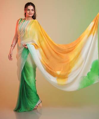 TRICOLOR silk blend printed saree with abstract print 3