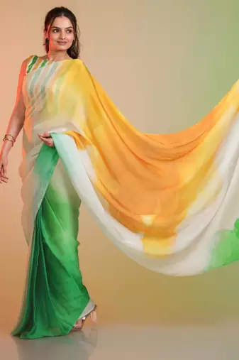 TRICOLOR silk blend printed saree with abstract print