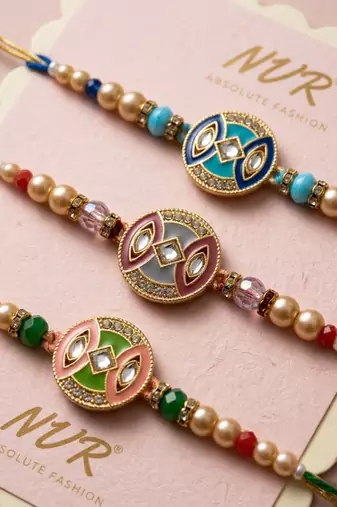 set of 3 multicolor artificial stones & beads thread rakhi with roli chawal chandan