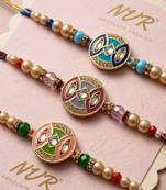 set of 3 multicolor artificial stones & beads thread rakhi with roli chawal chandan