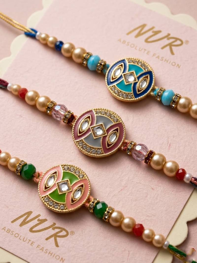 set of 3 multicolor artificial stones & beads thread rakhi with roli chawal chandan