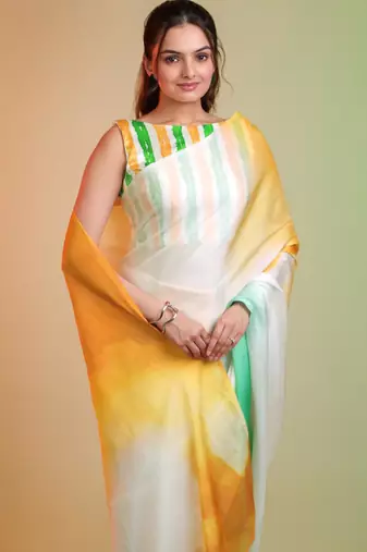 TRICOLOR silk blend printed saree with abstract print