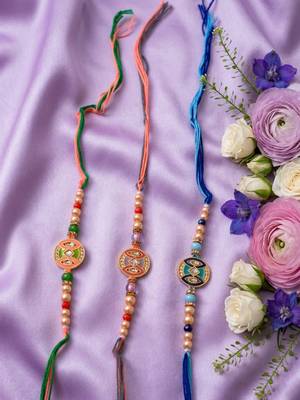 set of 3 multicolor artificial stones & beads thread rakhi with roli chawal chandan 2