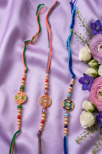 set of 3 multicolor artificial stones & beads thread rakhi with roli chawal chandan