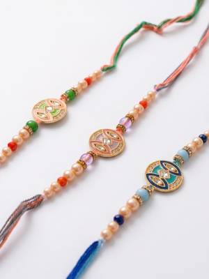 set of 3 multicolor artificial stones & beads thread rakhi with roli chawal chandan 3