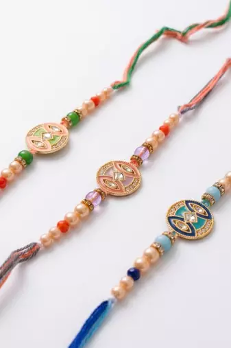 set of 3 multicolor artificial stones & beads thread rakhi with roli chawal chandan