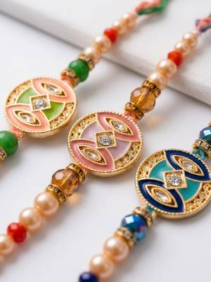 set of 3 multicolor artificial stones & beads thread rakhi with roli chawal chandan 4