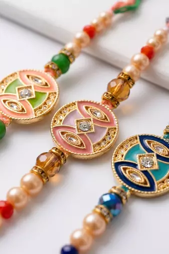 set of 3 multicolor artificial stones & beads thread rakhi with roli chawal chandan