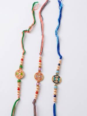 set of 3 multicolor artificial stones & beads thread rakhi with roli chawal chandan 5
