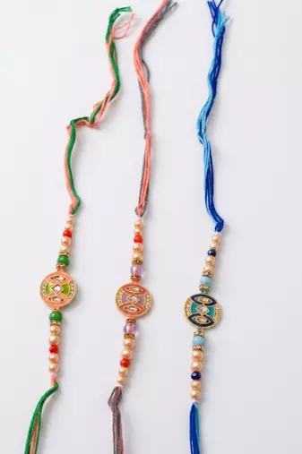 set of 3 multicolor artificial stones & beads thread rakhi with roli chawal chandan
