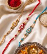 set of 3 multicolor artificial beads & white pearls thread rakhi with roli chawal
