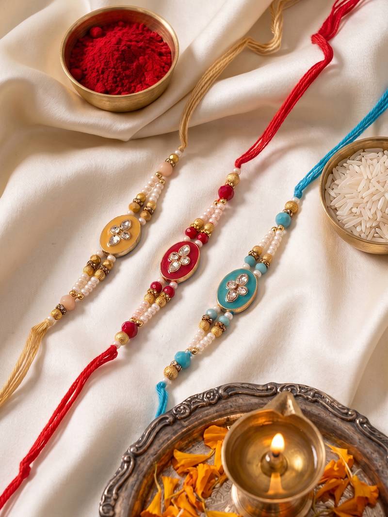 set of 3 multicolor artificial beads & white pearls thread rakhi with roli chawal