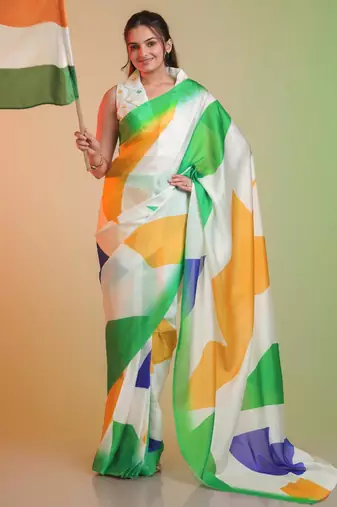 TRICOLOR silk blend printed saree with abstract print