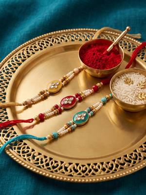 set of 3 multicolor artificial beads & white pearls thread rakhi with roli chawal 2