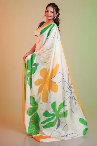 TRICOLOR silk blend printed saree with abstract print