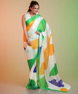 TRICOLOR silk blend printed saree with abstract print 3