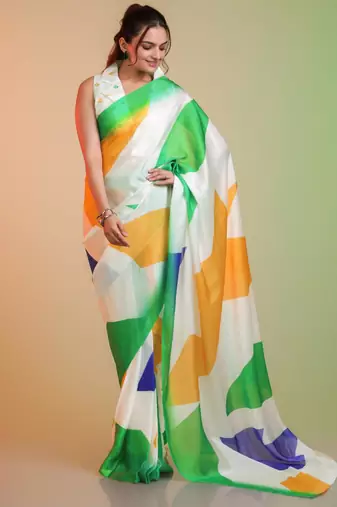 TRICOLOR silk blend printed saree with abstract print