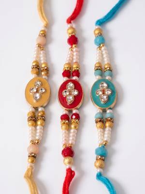 set of 3 multicolor artificial beads & white pearls thread rakhi with roli chawal 3