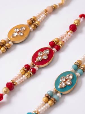 set of 3 multicolor artificial beads & white pearls thread rakhi with roli chawal 4