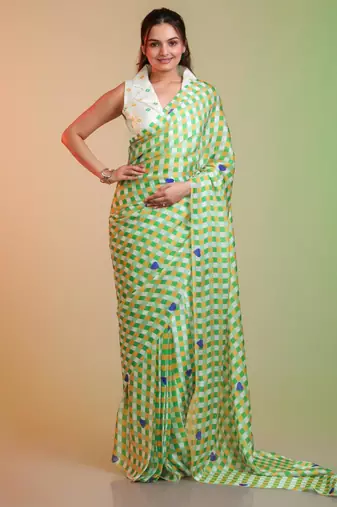 Multicolor silk blend printed saree with abstract print