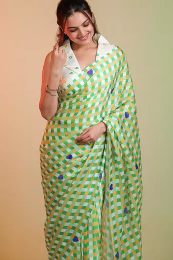 Multicolor silk blend printed saree with abstract print