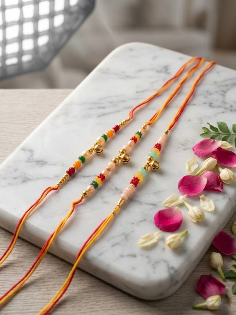 set of 3 artificial beads orange thread rakhi with roli chawal chandan mishri