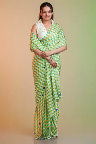 Multicolor silk blend printed saree with abstract print
