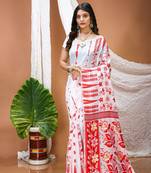 white linen printed saree with abstract print