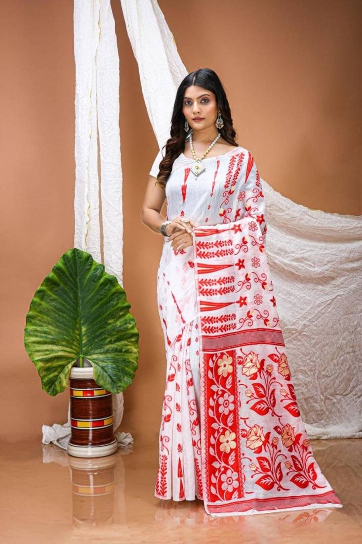 white linen printed saree with abstract print