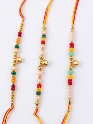 set of 3 artificial beads orange thread rakhi with roli chawal chandan mishri 4